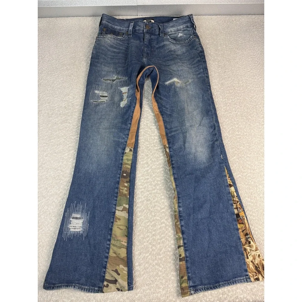 True Religion Ricky Jeans Mens 34x35 Blue Relaxed Straight Camo Distressed Denim